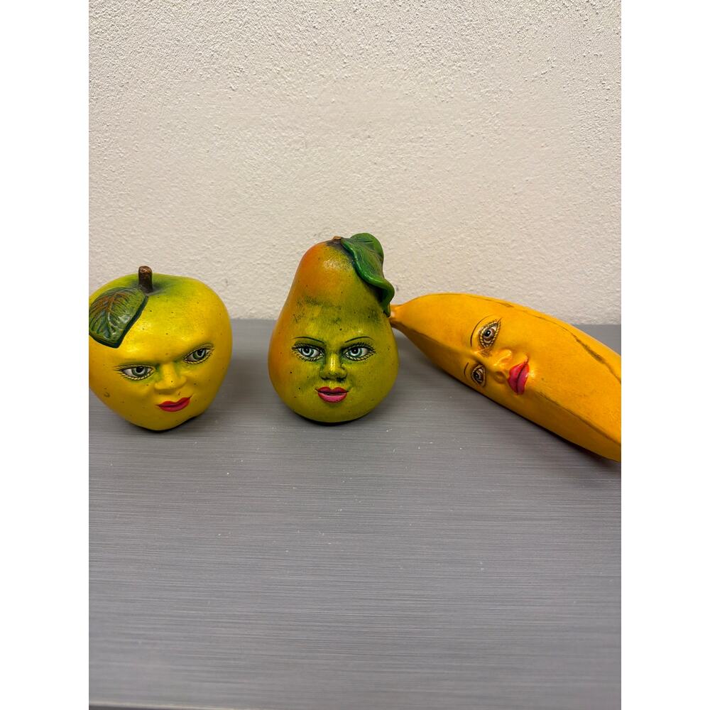 Vintage Anthropomorphic Fruit Trio 3 Piece Apple Pear Banana Yellow Green Kitsch
